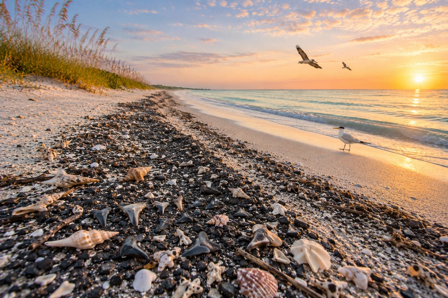 Venice Beach, Florida at sunset — fossilised shark teeth and shells mixed along the shell hash tide line with pelicans overhead.