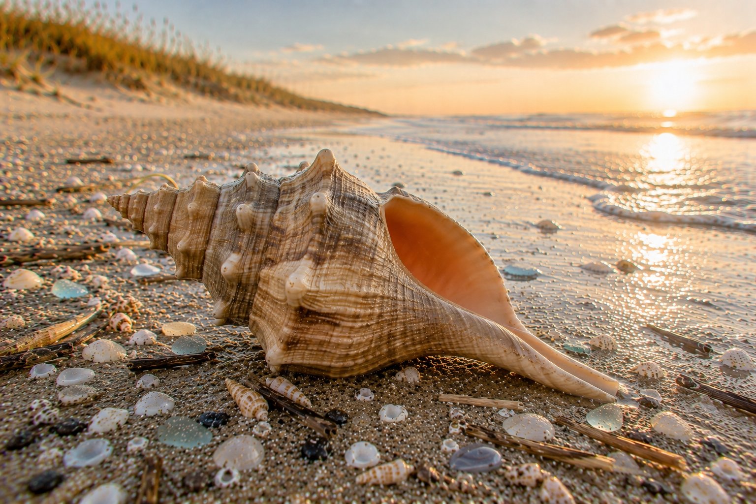 A large knobbed whelk shell resting on shell-strewn sand at sunset, with dune grasses in the distance and shimmering surf rolling in beside it.
