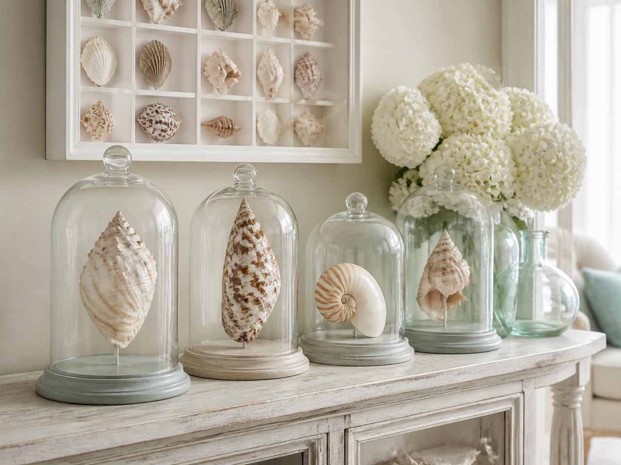 Museum-style whole seashell displays beneath clear glass cloches on a whitewashed console table with a white shadow box and white hydrangeas
