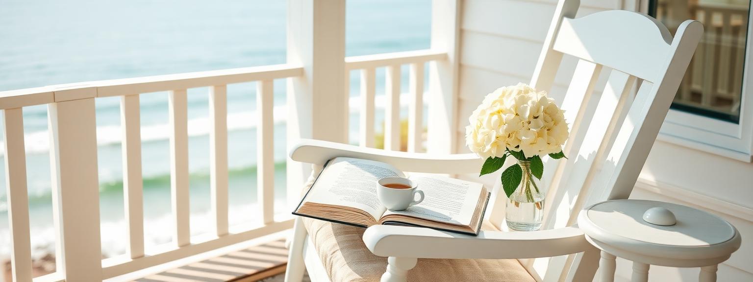 A relaxing coastal porch with a white rocking chair, open book, and hydrangeas overlooking the ocean